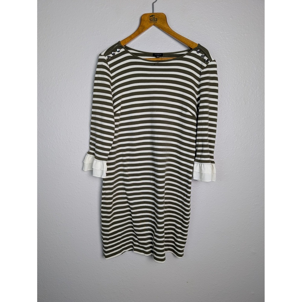 Talbots Sweater Dress Womens L Green Striped Boat Neck Ruffle Button Pullover